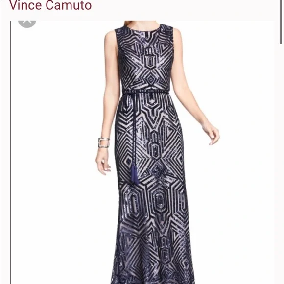 Vince Camuto | Dresses | New Vince Camuto All Over Geometric Sequin Gown W  Fringe Sash Gown Navy Blue | Poshmark